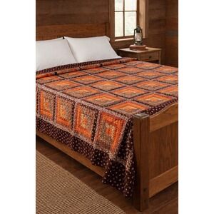 Vintage Handmade 90x82 Log Cabin Patchwork Quilt Orange Brown Floral Calico